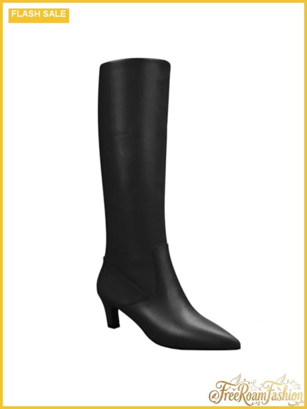 Kitten Heel Knee High Boots Pointed Toe Full Zip Faux Leather